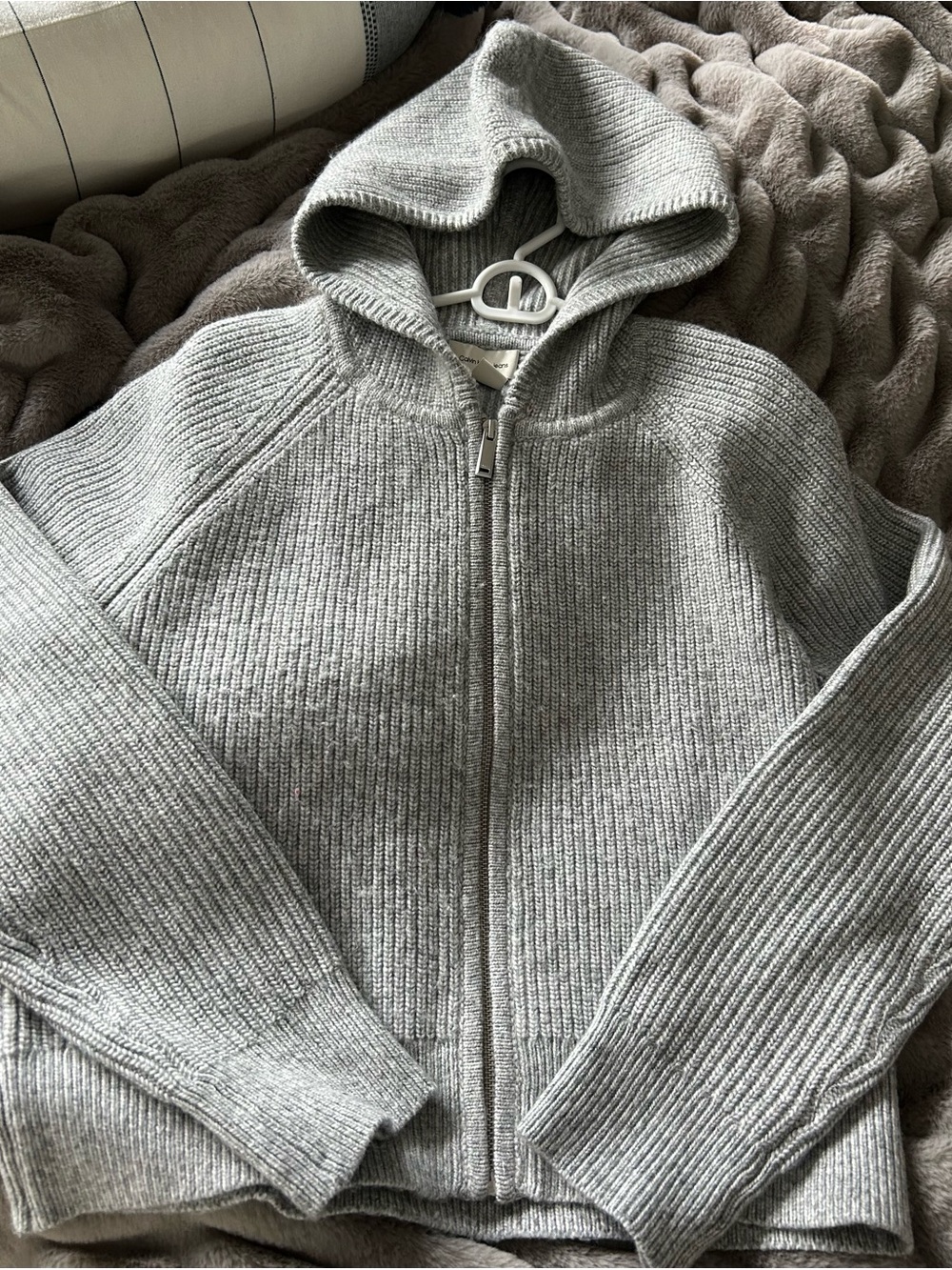 Calvin Klein Jeans Light Gray Hooded Zip-Up Sweater